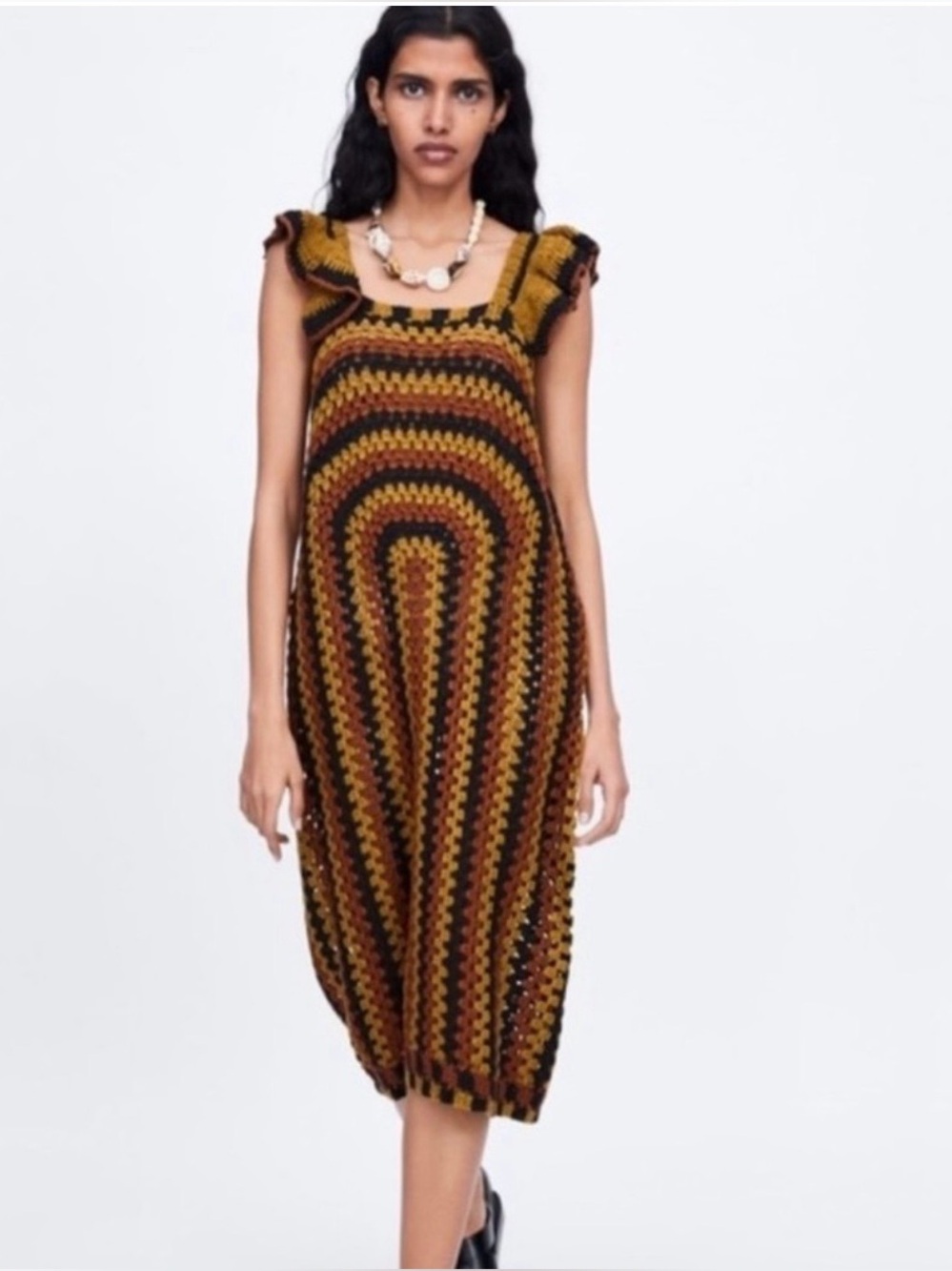 Zara Brown Midi Ruffle Crochet Dress, size M
